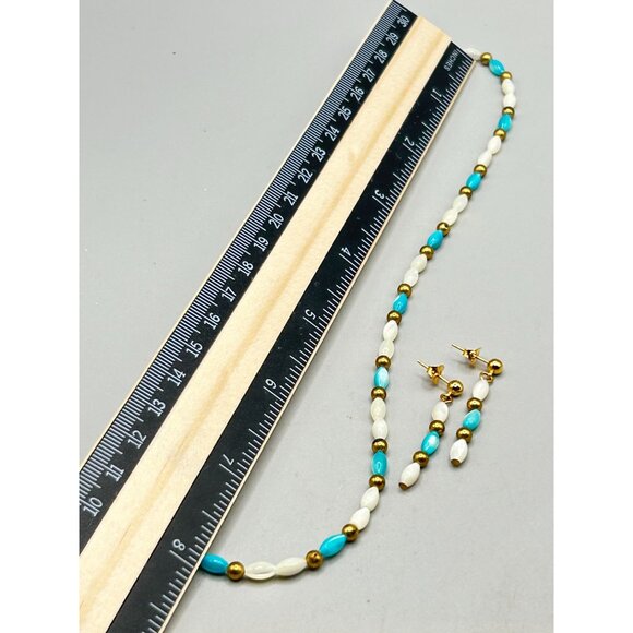 Necklace & Earrings Set White Turquoise Dyed Mother of Pearl Beads Gold Accents - Picture 5 of 6